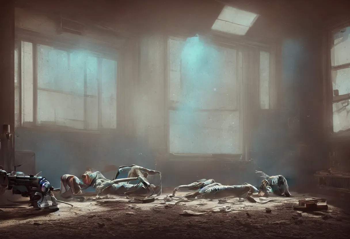 Image similar to intimate photograph of one single lone solitary cerulean and brown decaying futuristic robot lying on a frayed fainting couch in front of a beautiful fireplace with a cozy fire, in a dusty Victorian home, soft morning light seeping in a window, with cinematic lighting and lens flare, tall ceiling, octane render, cgsociety, by Simon Stalenhag and Rouhollah Toghyani and Sylvian Boussiron and Alfonso Cuaron, highly detailed closeup portrait, award-winning highly detailed 8k anamorphic closeup tight cinematic movie photograph