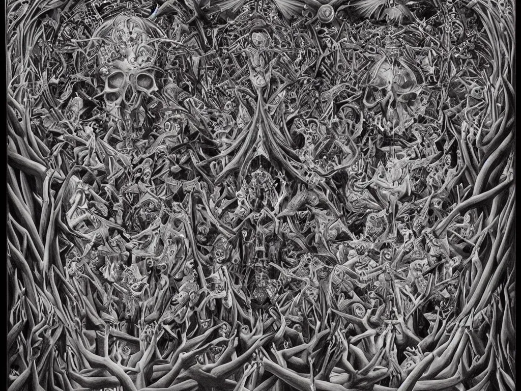 Image similar to meditation on death by Alex Grey and M. C. Escher collaboration