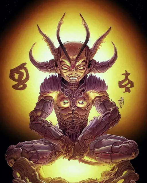 Prompt: a tiny cute demon meditating, wrapped in sacred parchment with glowing text, smooth, intricate, elegant, digital painting, artstation, power runes, pulsing energy, concept art, sharp focus, octane render, illustration, art by shintaro kago and philippe druillet, overwatch character,