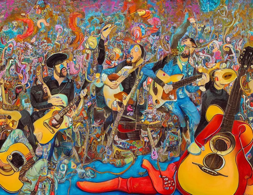 Image similar to a detailed oil painting of a concert by going bananas with guitars while the gold fishes are stoned like a shrimp and smiling cows in the sky in the style of artist James Jean