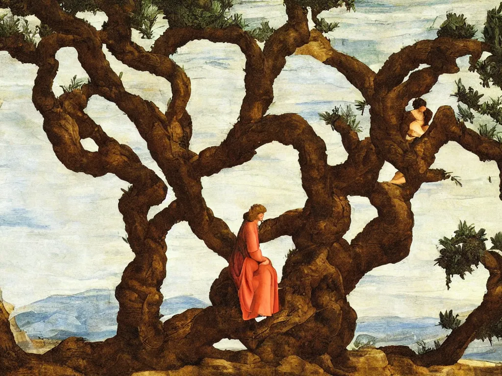 Prompt: Woman sitting in a very old olive tree. Painting by Michelangelo