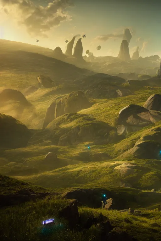 Image similar to a vast futuristic landscape with mechanoids harvesting the fields in the style of thomas cole, raytracing, 8 k, octane render, volumetric, vivid, beautiful, hyperrealism