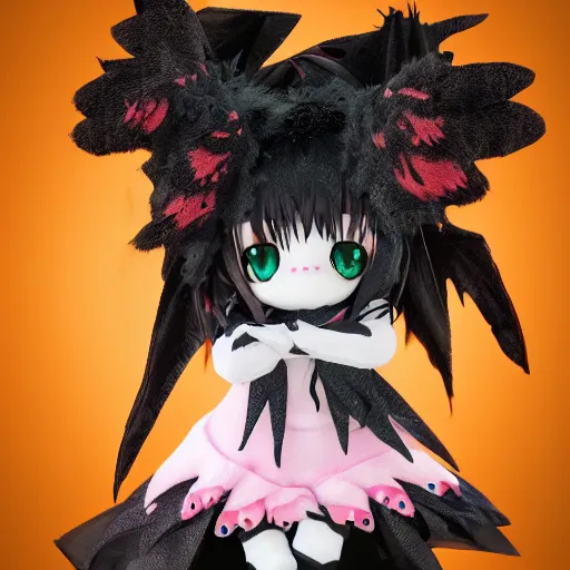 Prompt: cute fumo plush of a magical girl from the depths of hell, crying mascara, gothic maiden of the dark, tattered wings, decay, halloween, cursed, vray