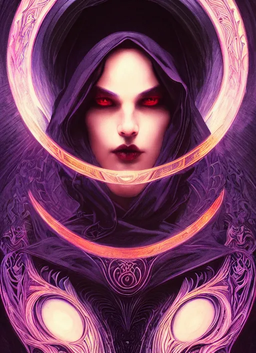 Prompt: book cover, front portrait, dark witch with black hood and evil eyes, realism, soft, smooth, luminescent, art nouveau tarot, backlit glow, colorful swirly ripples, gaudy colors, aesthetic octane render, unreal engine, 8 k, by artgerm, greg rutkowski, alphonse mucha
