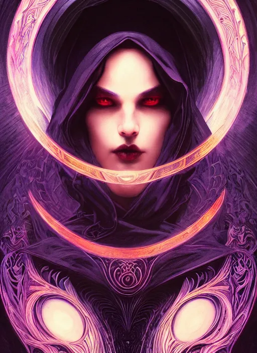 Image similar to book cover, front portrait, dark witch with black hood and evil eyes, realism, soft, smooth, luminescent, art nouveau tarot, backlit glow, colorful swirly ripples, gaudy colors, aesthetic octane render, unreal engine, 8 k, by artgerm, greg rutkowski, alphonse mucha