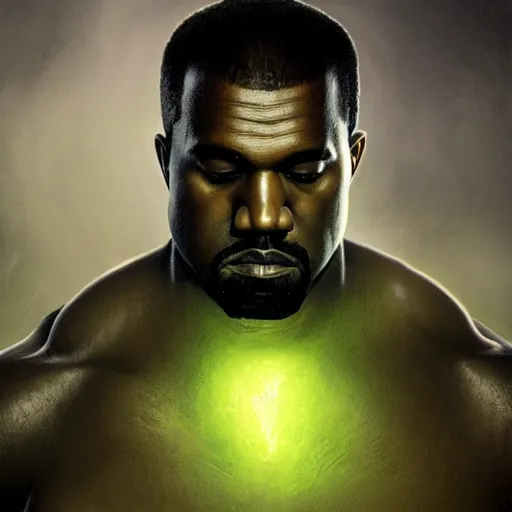 Image similar to Portrait of Kanye West as the Hulk, amazing splashscreen artwork, splash art, head slightly tilted, natural light, elegant, intricate, fantasy, atmospheric lighting, cinematic, matte painting, by Greg rutkowski