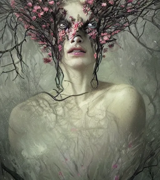 Prompt: a beautiful terrifying female portrait black eyes twisted trees, crying tears, bloom made of flowers. ethereal horror fantasy art by greg rutkowski and raymond swanland and monet