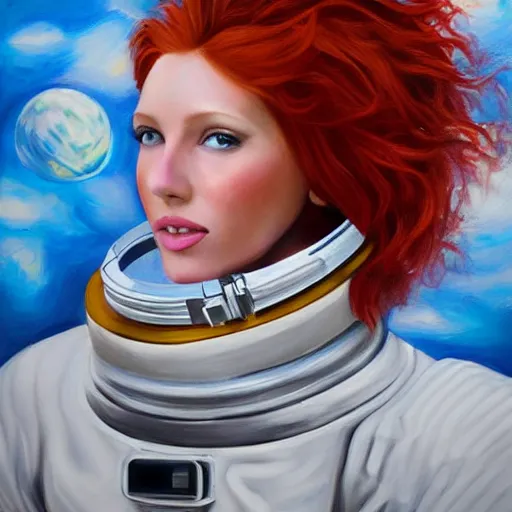 Prompt: redhead fashion model astronaut portrait, realism oil painting