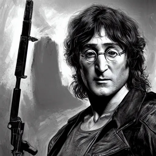 Prompt: john lennon as frank castle the punisher, guns, ultra realistic, concept art, intricate details, highly detailed, photorealistic, dark, octane render, 8 k, unreal engine, art by frank frazetta, simon bisley, brom