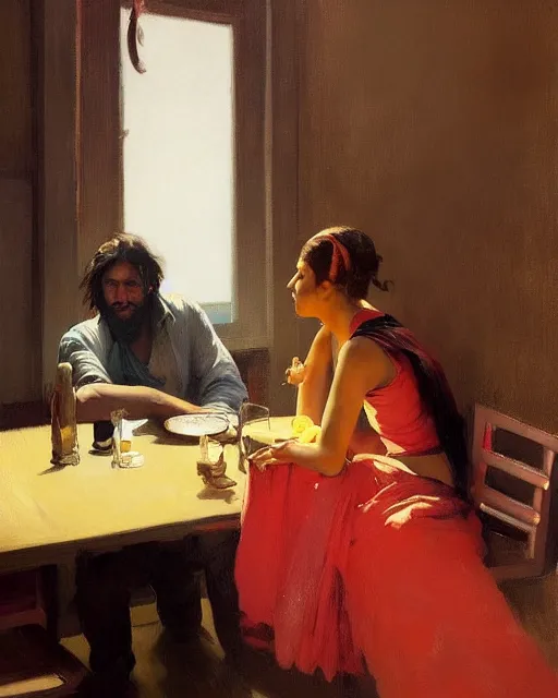 Image similar to a guy and girl on a date in a restaurant, saree, desi, art by greg rutkowski, gustave courbet, rosa bonheur, edward hopper. faithfully depicted facial expression, perfect anatomy, sharp focus, global illumination, radiant light, detailed and intricate environment, trending on artstation