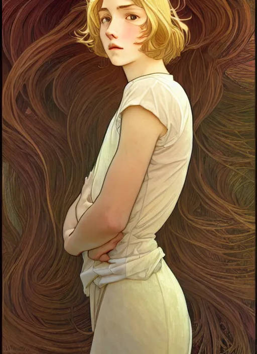 Image similar to pretty young man with shoulder length shiny shimmering golden blond hair, head down, demure, shy, path traced, highly detailed, high quality, digital painting, by studio ghibli and alphonse mucha, leesha hannigan, disney