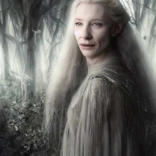 Prompt: portrait of ((mischievous)), baleful, slightly smiling young (Cate Blanchett) as Galadriel as a queen of fairies, dressed in a beautiful silver dress. The background is a dark, creepy eastern europen forrest. lumnious, photorealistic, dreamlike, (mist filters), theatrical, character concept art by ruan jia, John Anster Fitzgerald, thomas kinkade, and trending on Artstation