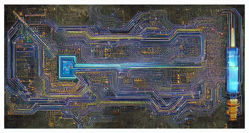 Prompt: distant orthographic product photography framing. gem encrusted crystal scheme. digitally painted render of a small square fantasy vacuum - tube circuitboard made and powered by crystalline circuitry. trending on artstation. artificer's lab bg. premium print by angus mckie and james gurney. bismuth materials