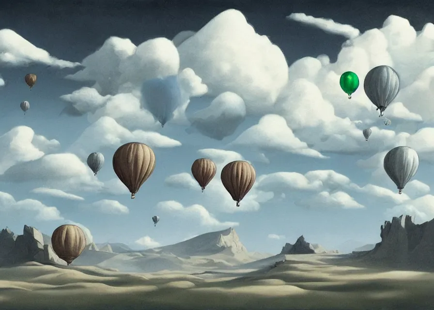 Prompt: a geometric drawing of a landscape of clouds and air of silver and balloons of emerald, art by cliff chiang and greg rutkowski, surrealism by dali, very detailed, high resolution