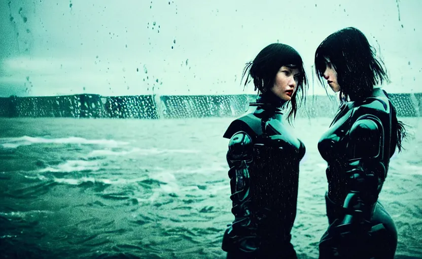 Image similar to cinestill 5 0 d candid action photographic portrait by quentin tarantino of two loving female androids wearing rugged black mesh techwear in treacherous waters, extreme closeup, modern cyberpunk retrofuturism moody emotional cinematic, pouring iridescent rain, 8 k, hd, high resolution, 3 5 mm, f / 3 2, motion blur, ultra realistic faces, ex machina