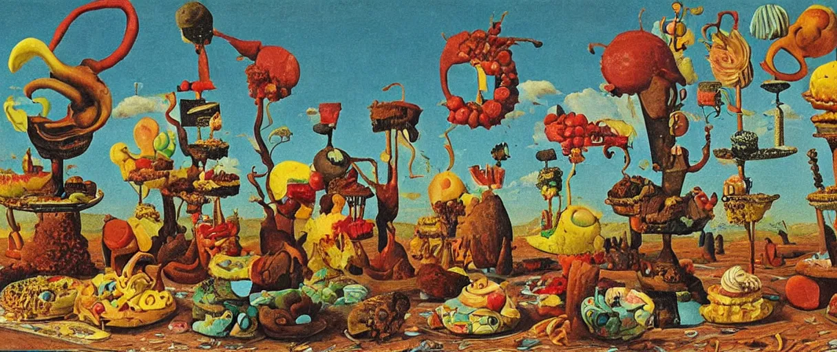 Image similar to surrealist pastry desserts, cupcake, layer cake, pies by max ernst in a california desert landscape