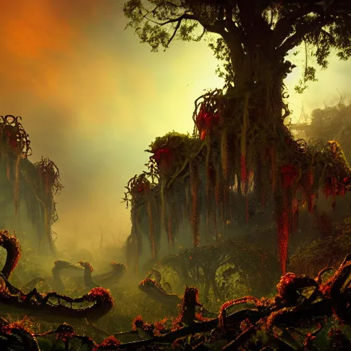 Image similar to An incredibly beautiful but ominous matte painting depicting a profusion of evil carnivorous vines and colorful flowers and lush exotic trees and bloated toadstools, with horrifying huge burning eyes and jagged bloody teeth, overgrowing a desolate ruins submerged in fog beneath the setting sun, nvidia, vray, evening, epic scale