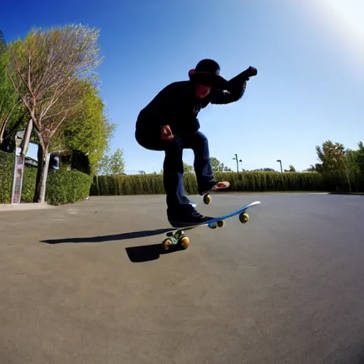 Image similar to walter white skateboarding, fisheye lens, sunny day