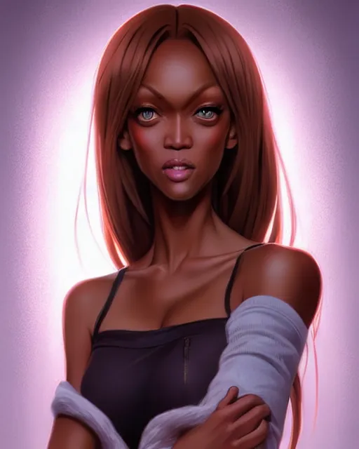 Image similar to portrait of Tyra Banks as Anime girl cute-fine-face, full body! pretty face, realistic shaded Perfect face, fine details. Anime. realistic shaded lighting by Ilya Kuvshinov Giuseppe Dangelico Pino and Michael Garmash and Rob Rey