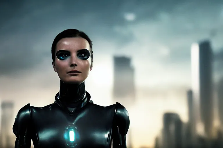 Prompt: VFX movie closeup portrait of a gorgeous futuristic robot woman in black spandex armor in future city, hero pose, beautiful skin, city night lighting by Emmanuel Lubezki