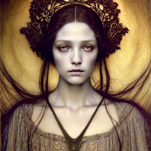 Image similar to detailed realistic beautiful young medieval queen face portrait by jean delville, tom bagshaw, brooke shaden, gustave dore and marco mazzoni, art nouveau, symbolist, visionary, gothic, pre - raphaelite, ornate gilded medieval icon, surreality, ethereal, unearthly, haunting, celestial, neo - gothic, ghostly, memento mori