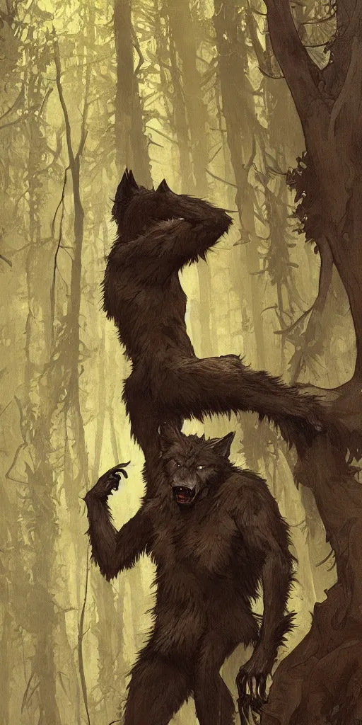 Prompt: fullbody portrait of a male werewolf, bared teeth, long claws, by greg rutkowski and alphonse mucha, gradient brown to silver, in front of a forest at night background, highly detailed portrait, digital painting, artstation, concept art, smooth, sharp focus illustration