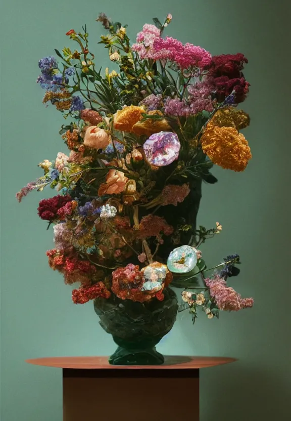 Image similar to a floral bouquet made out of gemstone crystals, in an elaborate jade vase sitting in a gloomy candlelit cabin under a narrow spotlight, the flowers are made out of gemstone, hyperrealism, shot on film