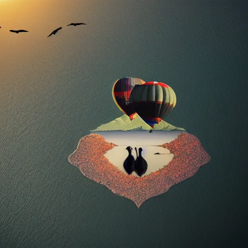 Image similar to realistic extremely detailed photo of a hot air balloon with a picture of two black swans swimming, touching heads, forming a heart with their necks flying above a reflective mountain lake, granular detail, holographic krypton ion, octane render, 4k, f32,55mm photography, wide angle