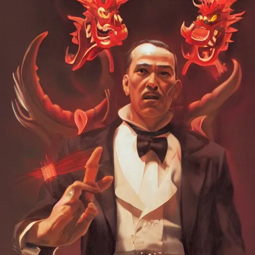 Prompt: A mafia man, behind him is a Chinese dragon emanating a red aura of danger, avant garde, 3d render by J.C. Leyendecker rhythmic