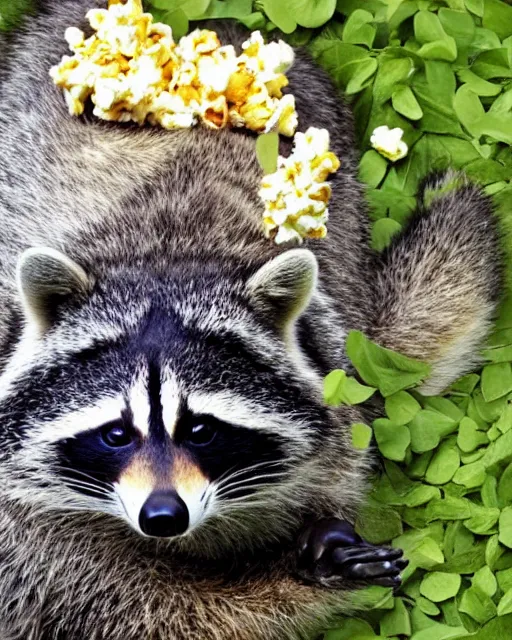 Image similar to an obese raccoon lays on it's back while watching tv from a green leather recliner, the raccoon is lazily eating from a pile of popcorn on it's belly