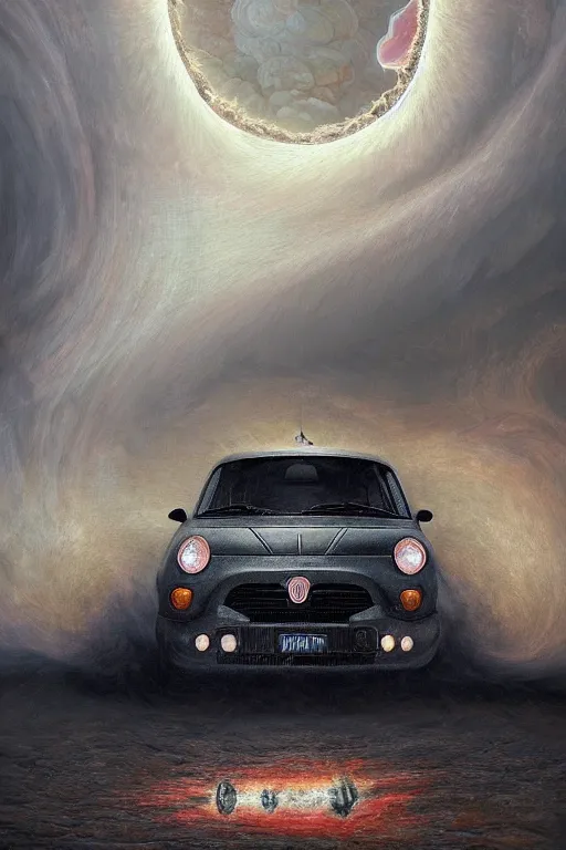 Image similar to Intricate stunning highly detailed Fiat 600R built in Spain, White color, digital painting by agostino arrivabene and Vladimir Kush, surreal, ultra realistic, Horror vacui, dramatic lighting, full moon, thick black swirling smoke tornado, burning fire embers, artstation