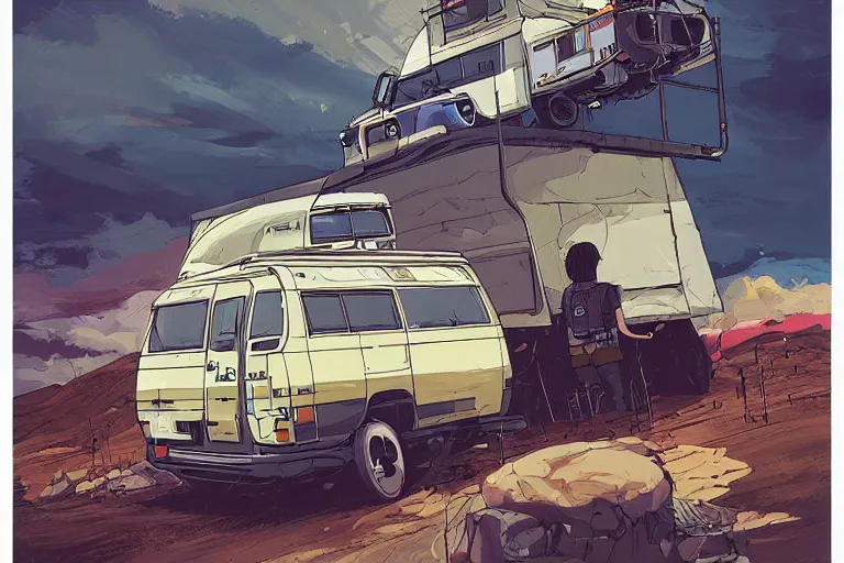 Image similar to digital illustration of mad max's mobile command center hiace camper van by makoto shinkai, ilya kuvshinov, lois van baarle, rossdraws, basquiat