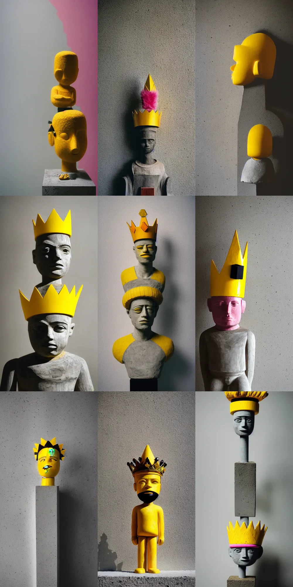 Image similar to kodak portra 4 0 0, 8 k, shot of a highly detailed, britt marling style, colour still - life portrait of a large minimalistic room, rough concrete walls, the wooden statue of a yellow black striped little man with pink crown on his head