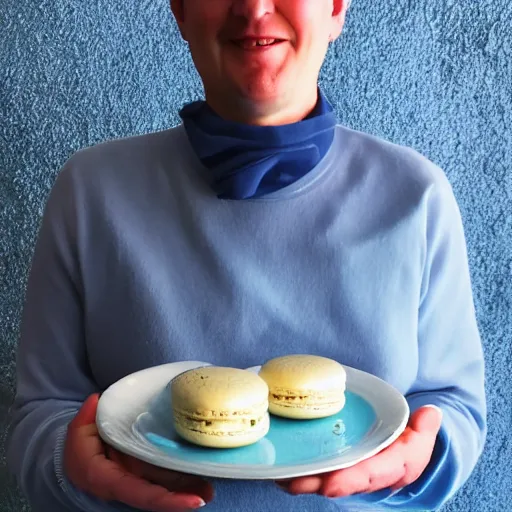 Image similar to photo of robin standing in a plate filled with blue macaroons