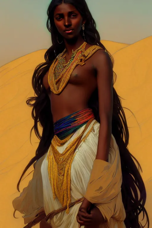 Image similar to full figure beautiful young dark skin woman, covered in multicolored arabian fluent clothes, luminous scene, by greg rutkowski and alphonse mucha, d & d character, gradient white to gold, in front of a dune desert background, highly detailed portrait, digital painting, artstation, concept art, smooth, sharp focus illustration, artstation hq