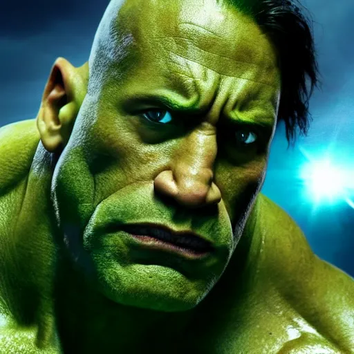 Image similar to dwayne johnson as incredible hulk, marvel cinematic universe, mcu, 8 k, raw, unedited, green skin, symmetrical balance, in - frame,