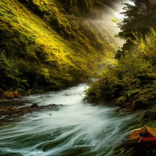 Prompt: stream running through a valley, very high steep mountains, fog, mist, god rays, fantasy, epic