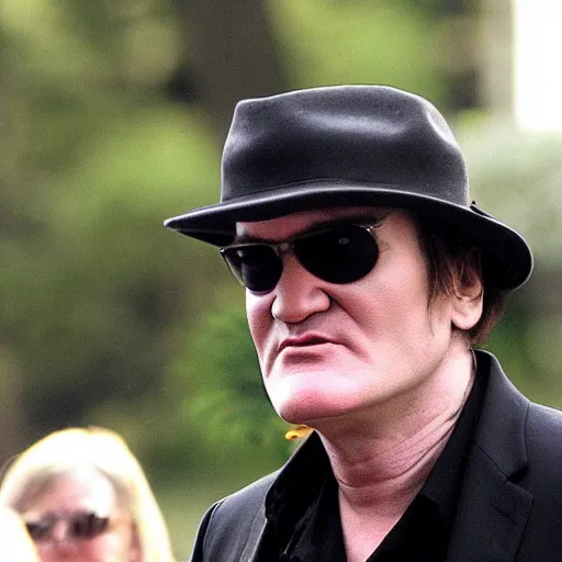 Image similar to quentin tarantino at a funeral, wearing a yarmulke, paparazzi