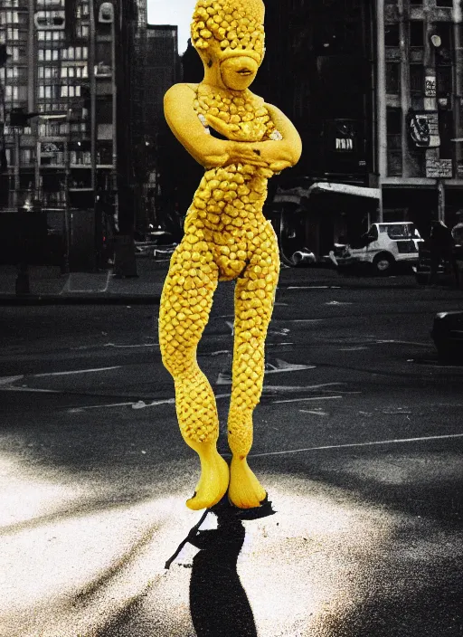 Prompt: photorealistic photograph of a banana / human hybrid creature, 3 5 mm film, fuji, leica s, nyc, in the style of fashion photography, intricate, golden hour sunlight, kodachrome