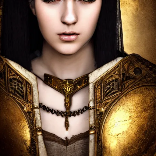 Image similar to beautiful female cleric with long black hair and a golden eye, focus on face, jewellery, fantasy, medieval, still, photograph, highly detailed, cinematic, dramatic, dynamic lighting, award winning, masterpiece, trending on artstation