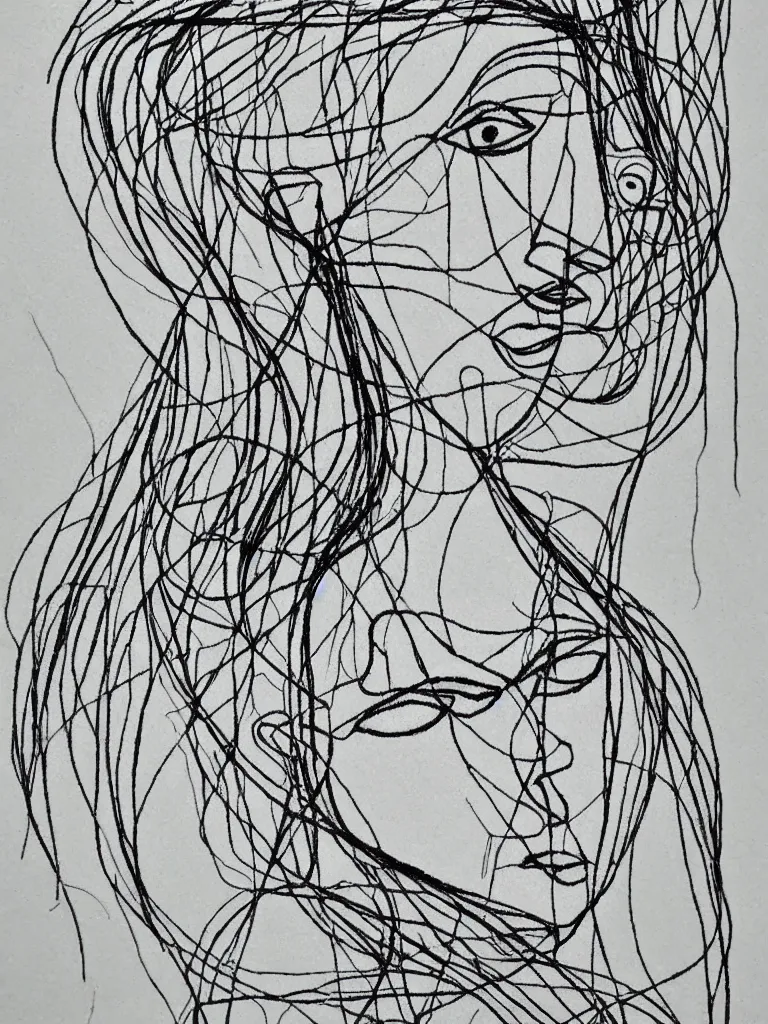 Prompt: elegant wire art female portrait inspired by picasso's one - line era