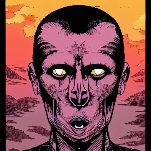 Image similar to by laurie greasley energetic. a beautiful painting of a giant head. the head is bald & has a big nose. the eyes are wide open & have a crazy look. the mouth is open & has sharp teeth. the neck is long & thin.