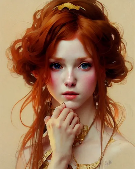 Prompt: a cool ginger girl. she is dressed as a princess. clean elegant painting, beautiful detailed face. by artgerm and greg rutkowski and alphonse mucha