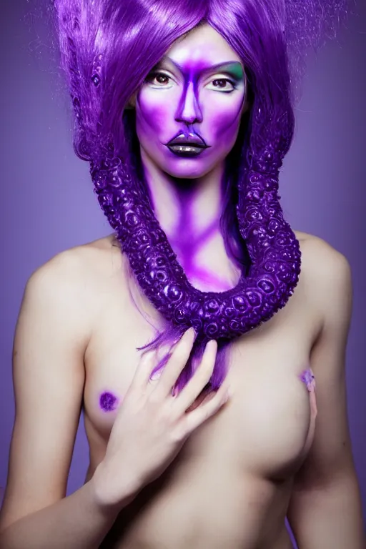 Image similar to purple - skinned alien girl with tentacle hair, cosplay, photo shoot, body paint, beautiful symmetric face, studio lighting