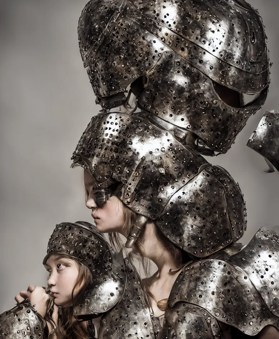 Image similar to portrait of a beautiful young girl wearing an alexander mcqueen armor made of iron steel armour , artistic illustration realistic photo