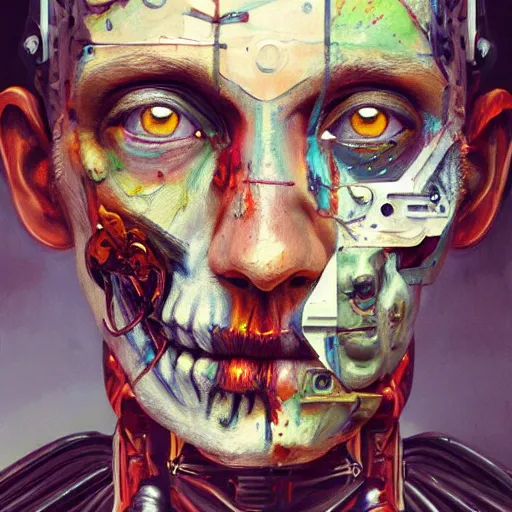 Prompt: Intricate five star Cyborg Zombie facial portrait by Pablo Picasso and Greg Rutkowski, oil on canvas, HDR, cinematic, vibrant colors, photo realistic, hyperrealism,high detail, matte finish, high contrast, 3d depth, masterpiece, vivid colors, artstationhd , deviantart