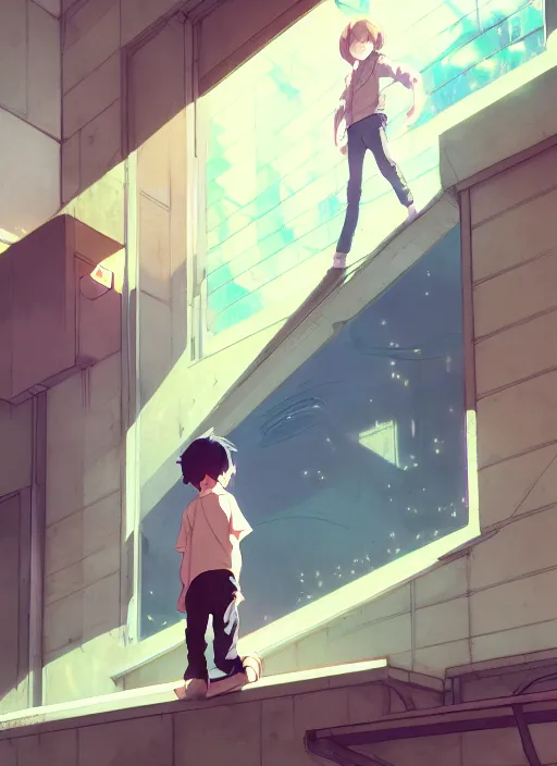 Image similar to boy on ground waving to a pretty girl on the 2 nd floor, illustration concept art anime key visual trending pixiv fanbox by wlop and greg rutkowski and makoto shinkai and studio ghibli