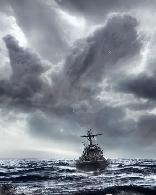 Image similar to establishing shot of a fishing boat on stormy seas, a gigantic star destroyer spaceship flying overhead | the star destroyer spaceship is emerging from storm clouds, stormy weather, dramatic lighting, unreal engine, hyper realism, realistic shading, cinematic composition, realistic render, octane render, detailed textures, photorealistic, ultrawide shot, 1 6 mm lens