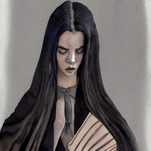 Image similar to full body detailed watercolor illustration of alien anya taylor - joy mixed with jennifer connelly, reading a book, unsettling, hooded long black feathered cloak, uncanny valley, with black feathers instead of hair, gothic, guillermo del toro, gray mottled skin, pale and sickly, profile view, - - ar 9 : 1 6