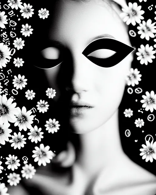 Prompt: black and white dreamy spiritual flower - fish - cyborg high quality portrait photo, microchip leaves, artificial intelligence, cinematic, rim light, photo - realistic, elegant, high detail, 8 k, masterpiece, high fashion